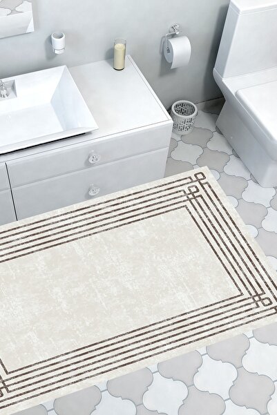 Dekoreko Kaymaz Taban Djt Banyo Halısı Yıldız Deri Modern M5142 Bej