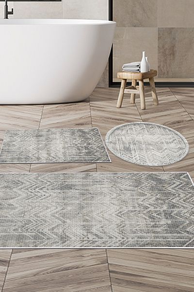 Dekoreko Non-Slip Base Djt 3-Piece Bathroom Mat Set Trend Mixed Round Scandinavian F5083 Gray