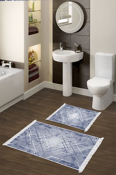 Dekoreko Set covoraș de baie cu bază anti-alunecare Djt 2 piese Star Bumbac cu franjuri Modern M5003 Albastru