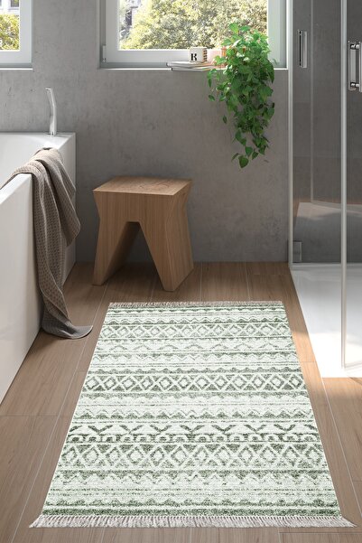 Dekoreko Kaymaz Taban Djt Banyo Halısı Yıldız Deri Saçaklı Iskandinav F5078 Yeşil