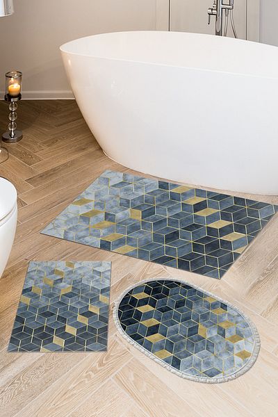 Dekoreko Set covoraș de baie cu bază anti-alunecare Djt 3 piese Trend mixt oval scandinav 2146m albastru