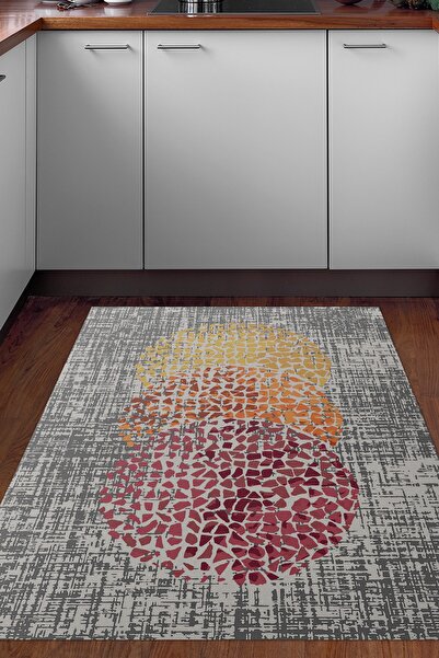 Dekoreko Kaymaz Taban Djt Mutfak Halısı Yıldız Deri Modern E4052 Krem Oranj K...