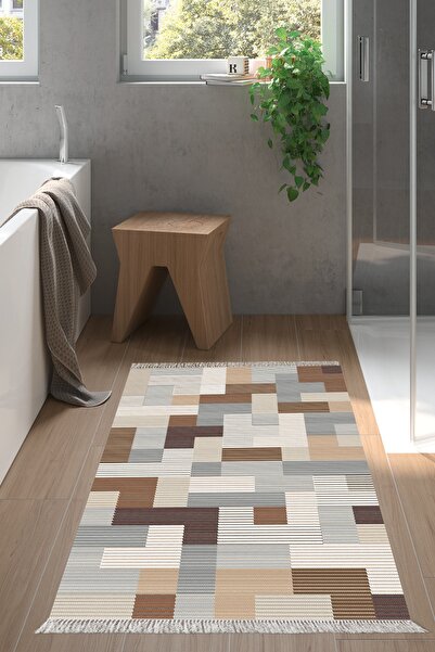 Dekoreko Kaymaz Taban Djt Banyo Halısı Trend Saçaklı Modern Mu113 Kahve