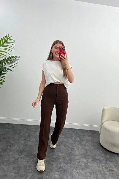 Winmoda34 Kadın Ultra Yüksek Bel Önü Dikişli Palazzo Pantolon