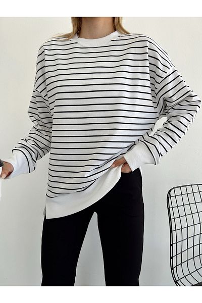 LACHT Γυναικείο φούτερ με λευκό μαύρο ριγέ Crew Neck Over Size
