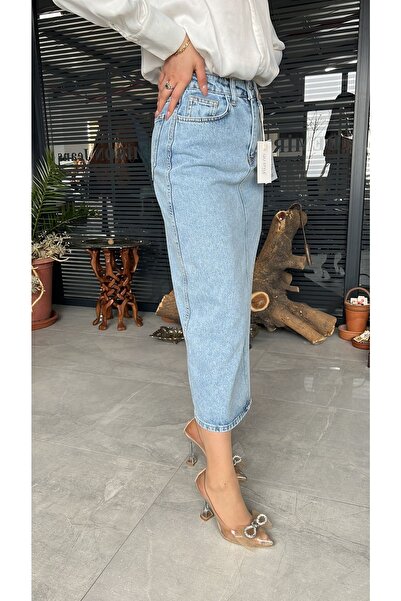 TheNeva Qustyle Kadın Yandan Yırtmaç Detaylı Uzun Kot Etek Mavi