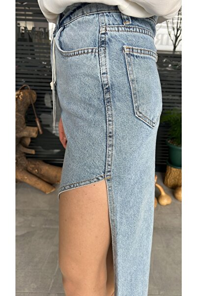 TheNeva Qustyle Kadın Yandan Yırtmaç Detaylı Uzun Kot Etek Mavi