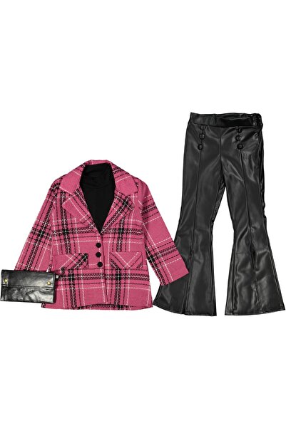 NMG KİDS Kız 6/12 Yaş Ekose Ceketli Deri Pantolonlu Çantalı 3'lu