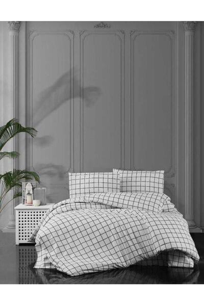 Kaan Çift Kişilik Beyaz Kareli Nevresim Takımı, Düz Çarşaflı