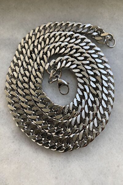 axexuar Stainless 316l Steel Women's Men's Thick Flat Knitted Model Chain Necklace Grey Silver 10 Mm 58 Cm