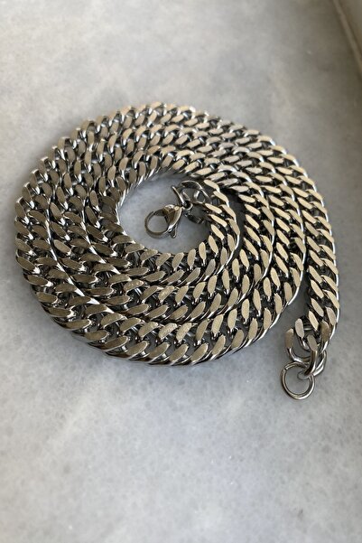 axexuar Stainless 316l Steel Women's Men's Thick Flat Knitted Model Chain Necklace Grey Silver 10 Mm 58 Cm