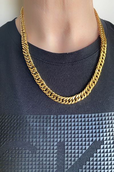 axexuar Gold Yellow Stainless 316l Steel Women Men Thick Flat Knitted Model Chain Necklace 10 Mm 58 Cm