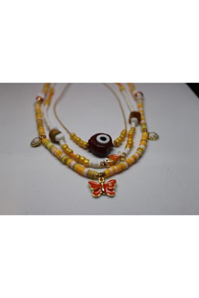 CHIC Kahverengi Taş Nazar Boncuk Turuncu Kelebek Balık Hardal Sarısı Tasma Ip...
