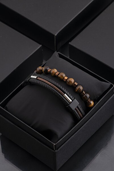 Sortie Aksesuar Hakiki Deri Ve Kaplan Gözü Ve Hematit Doğal Taş Erkek Kombin ...