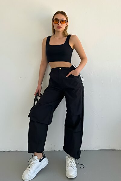 LACHT Kadın Siyah Paraşüt Beli Ve Paçası Lastikli Jogger Pantolon
