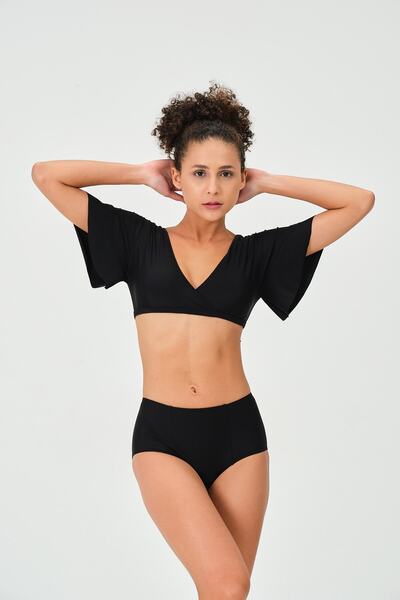 vawensea Women's High Waist Bikini Set with Sleeves Black (with Breast Pad)