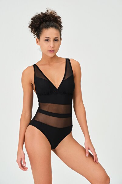 vawensea Kadın Tüllü Ayarlanabilir Askılı Mayo Siyah (GÖĞÜS PEDLİ)