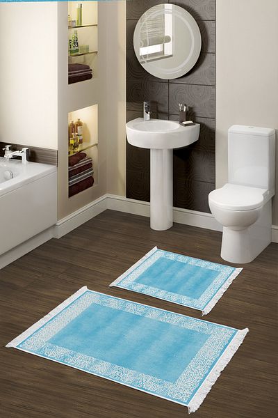 Dekoreko Set covoraș de baie cu bază anti-alunecare Djt 2 piese Star Bumbac cu franjuri Modern 1460 Albastru