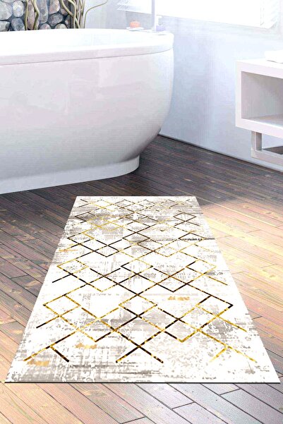 Dekoreko Kaymaz Taban Djt Banyo Halısı Yıldız Deri Modern M5026 Gold