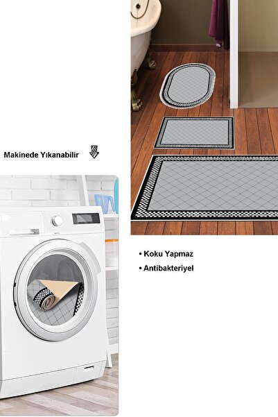 Dekoreko Non-Slip Base Djt 3-Piece Bathroom Mat Set Star Leather Mixed Oval Modern 603m Gray