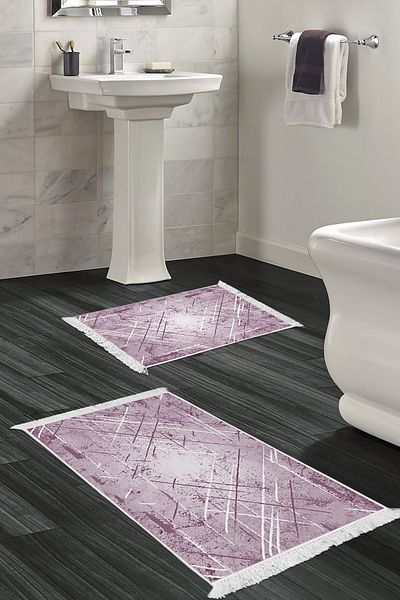 Dekoreko Non-Slip Base Djt 2 Piece Bathroom Mat Set Star Leather Fringed Modern M5003 Purple