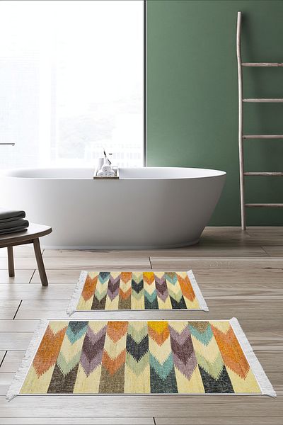 Dekoreko Non-Slip Base Djt 2 Piece Bath Mat Set Star Cotton Fringed Modern 629m Colorful