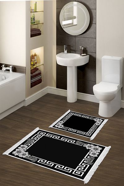 Dekoreko Non-Slip Base Djt 2 Piece Bathroom Mat Set Star Leather Fringed Modern Kt494 Black