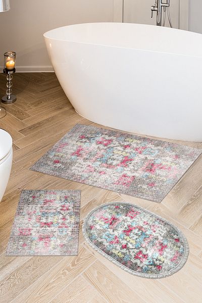 Dekoreko Non-Slip Base Djt 3-Piece Bathroom Mat Set Star Leather Mixed Oval Modern F5138 Colorful