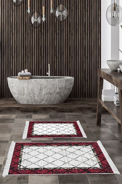 Dekoreko Non-Slip Base Djt 2 Piece Bathroom Mat Set Trend Fringed Modern M5129 Claret Red