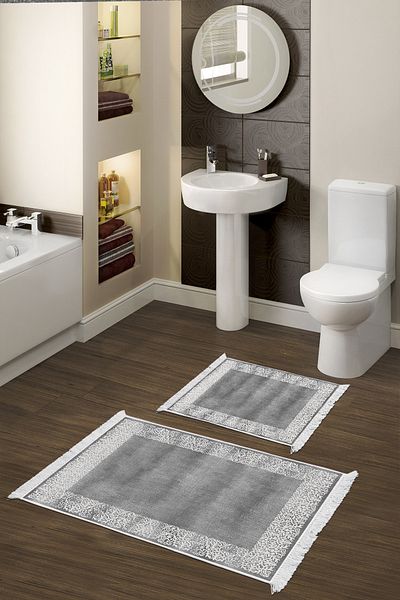 Dekoreko Non-Slip Base Djt 2 Piece Bathroom Mat Set Trend Fringed Modern 1460 Gray