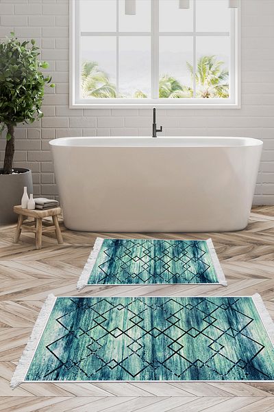 Dekoreko Set covoraș de baie cu talpă anti-alunecare Djt 2 piese Star piele cu franjuri Modern M5006 Albastru
