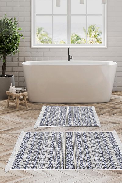 Dekoreko Set covoraș de baie cu bază anti-alunecare Djt 2 piese Star Bumbac cu franjuri Scandinav F5082 Albastru