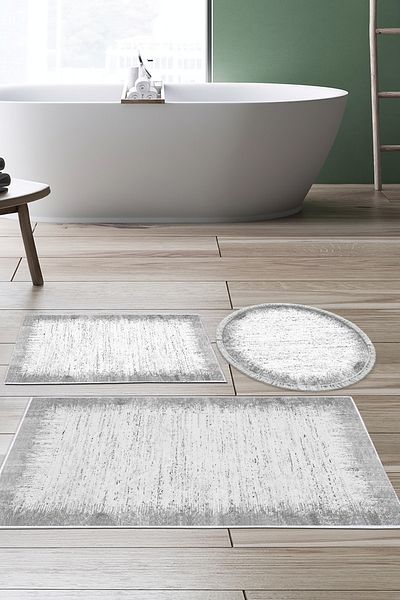 Dekoreko Gray Modern 1342 Non-Slip Base Djt 3-Piece Bath Mat Set Star Leather Round
