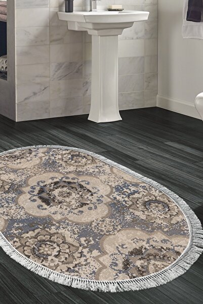Dekoreko Kaymaz Taban Djt Banyo Halısı Trend Saçaklı Oval Modern 1903m Krem