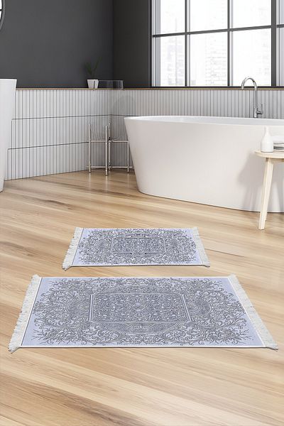 Dekoreko Set covoraș de baie cu talpă anti-alunecare Djt 2 piese Star piele cu franjuri Modern 1488 Albastru
