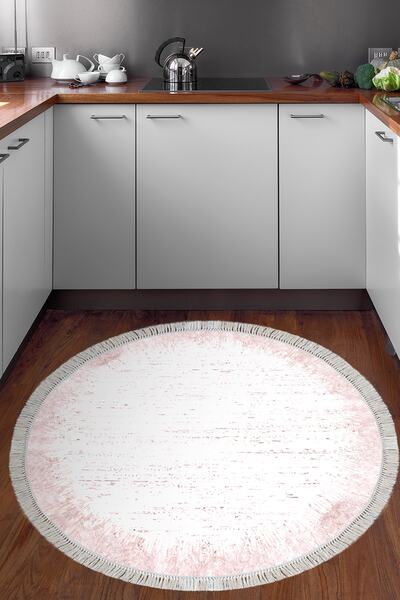 Dekoreko Kaymaz Taban Djt Mutfak Halısı Star Pamuk Saçaklı Yuvarlak Modern 1342 Pudra