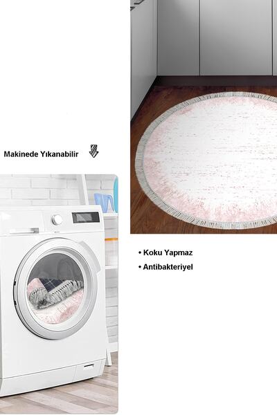 Dekoreko Kaymaz Taban Djt Mutfak Halısı Star Pamuk Saçaklı Yuvarlak Modern 1342 Pudra