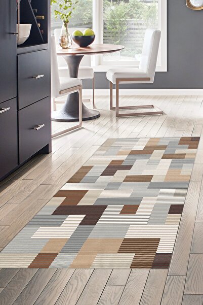 Dekoreko Kaymaz Taban Djt Mutfak Halısı Yıldız Deri Modern Mu113 Kahve