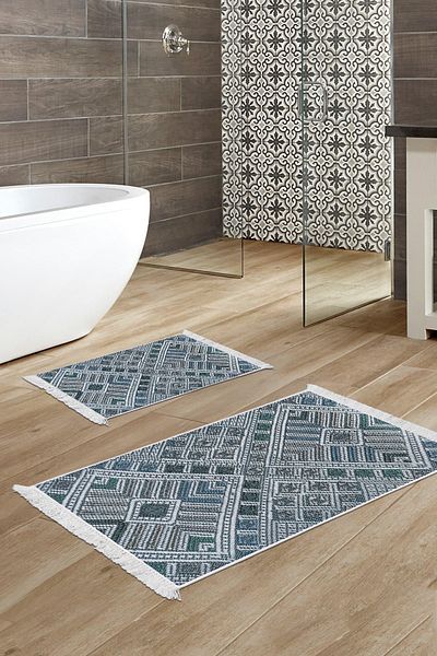 Dekoreko Set covoraș de baie cu bază anti-alunecare Djt 2 piese Trend Fringe Modern 2029 Albastru