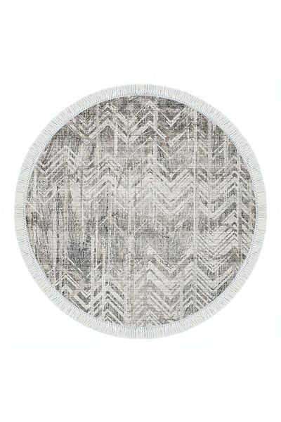 Dekoreko Gray Round Scandinavian F5083 - Fringed Kitchen Rug, Non-Slip Base Djt