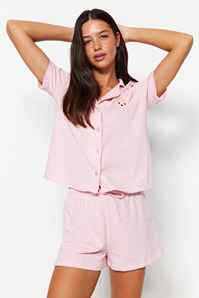 Trendyol Collection Light Pink Teddy Bear Knitted Pajamas Set with Shorts Thmss23Pt00012