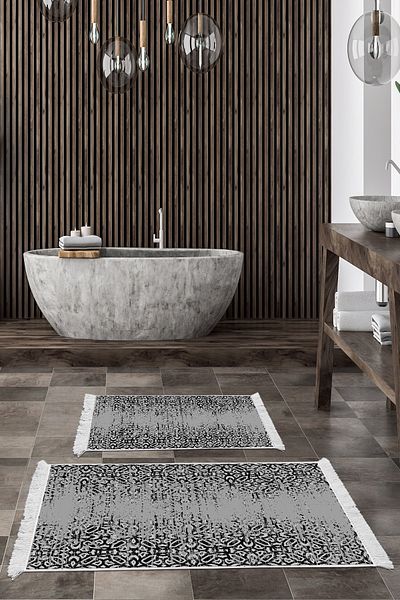 Dekoreko Non-Slip Base Djt 2 Piece Bathroom Mat Set Trend Fringed Scandinavian Mu123 Gray