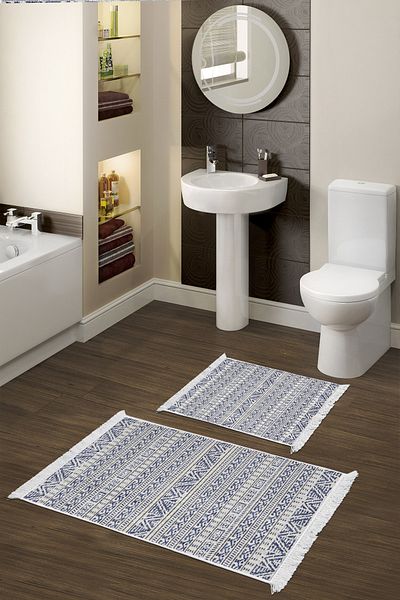 Dekoreko Set covoraș de baie cu bază anti-alunecare Djt 2 piese Star piele cu franjuri Scandinav F5082 Albastru