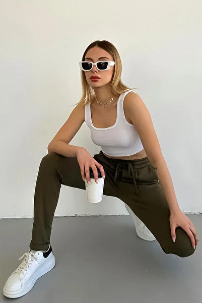 LACHT Women's Khaki Steel Knitted Luxury Double Leg Basic Lycra Trousers