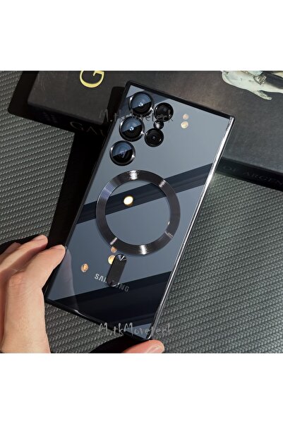 m.tk moveteck Samsung Galaxy S22 Ultra Kılıf Magsafe Wirelles Şarj Destekli Parlak Renkli Kenar Arkası Şeffaf