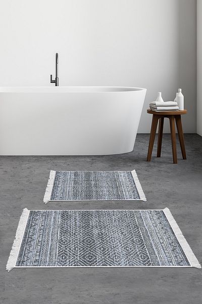 Dekoreko Set covoraș de baie cu bază anti-alunecare Djt 2 piese Trend Fringe Scandinavian F5087 Blue