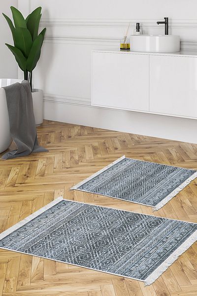 Dekoreko Set covoraș de baie cu bază anti-alunecare Djt 2 piese Trend Fringe Scandinavian F5087 Turcoaz