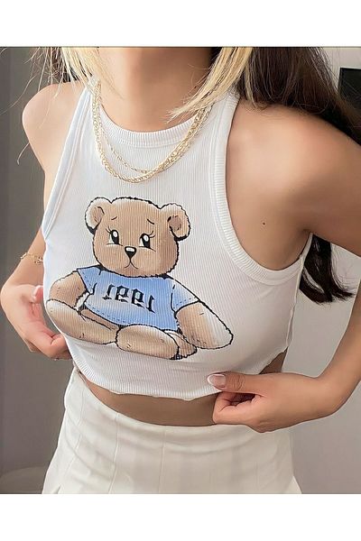 Bengi Clothing 1991 Printed White Bear Crop Top - Κολάρο Halter