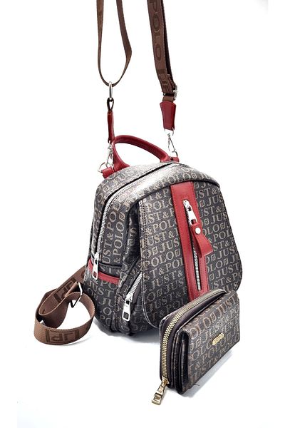 Just Polo Women's Brown Red Monogram Printed Backpack Shoulder Bag and Wallet Combination