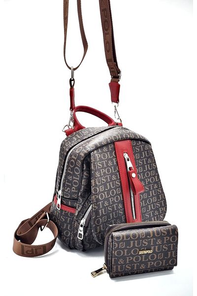 Just Polo Women's Brown Red Monogram Printed Backpack Shoulder Bag and Wallet Combination